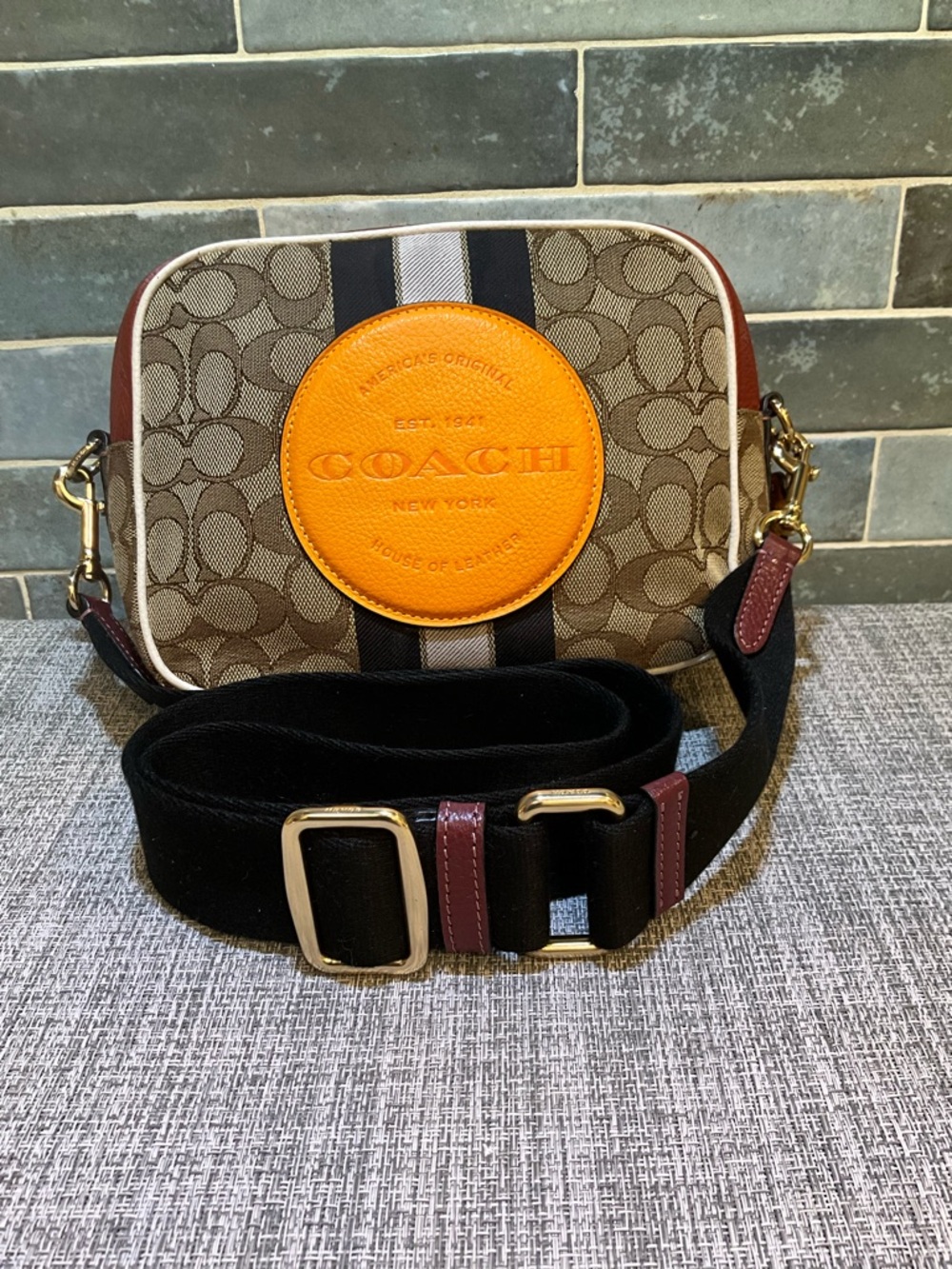 Coach Dempsey Camera Bag In Signature Jacquard w/Orange Coach Patch